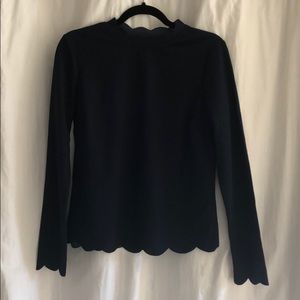 Navy Scallop Trim Mock Neck Long Sleeve Top